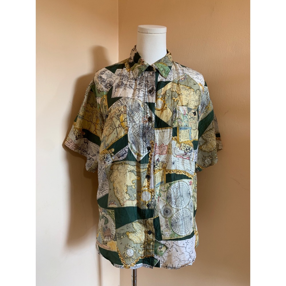 Whistles Vintage Map Print Silk Button Up Shirt Green Small